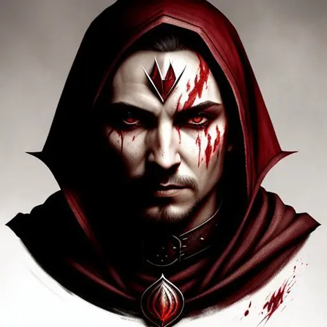 Dragon Age male mage of blood,  art, draw, brutal, horror, fantasy,  mage, necromancy, demon, shadows, desecration, fear, desecration, fear, life stealer, fire, cold, magic, shield of blood, blood magic shield, painting, ((ultra-detailed)),(illustration), detailed faces, best faces, best eyers