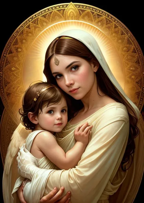 masterpiece, woman and child, holy virgin mary with little boy in her arms, ((halo over head)), smiling, heavenly sky, half body, ((divine light)), ethereal, clouds, back lighting, realistic portrait, symmetrical, strong, intricate drawing, highly detailed...