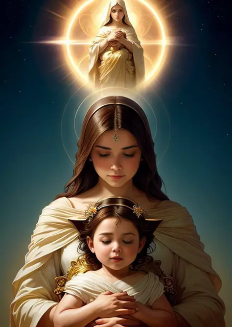 masterpiece, woman and child, holy virgin mary with  in her arms, halo over head, smiling, heavenly sky, half body, ((divine light)), ethereal, clouds, back lighting, realistic portrait, symmetrical, strong, intricate drawing, highly detailed, digital painting, art station, concept art, fluid, sharp focus, illustration, against heaven's gate, cinematic lighting, works by artgerm and greg rutkowski and alphonse mucha 