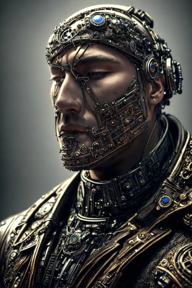 depressed attractive cybernetic man looking down, (steampunk cyborg:1.2 ...