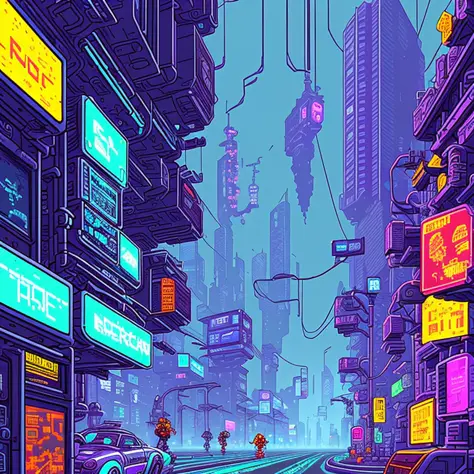 cyberpunk street, side view, 2D game style, pixel art style, cool vendors, roads and cars,