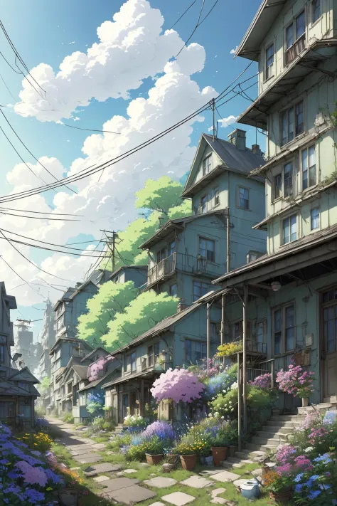 very cozy little place, hyper realism, (anime Makoto Shinkai:0.4), old shabby house in city street, home wiring, outdoors, sky, cloud, day, scenery, tree, blue sky, building, sign, wires, railing, wide shot, utility pole, <lora:airconditionerlora:1>, <lora...