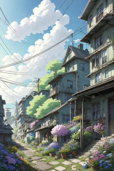 very cozy little place, hyper realism, (anime Makoto Shinkai:0.4), old shabby house in city street, home wiring, outdoors, sky, ...