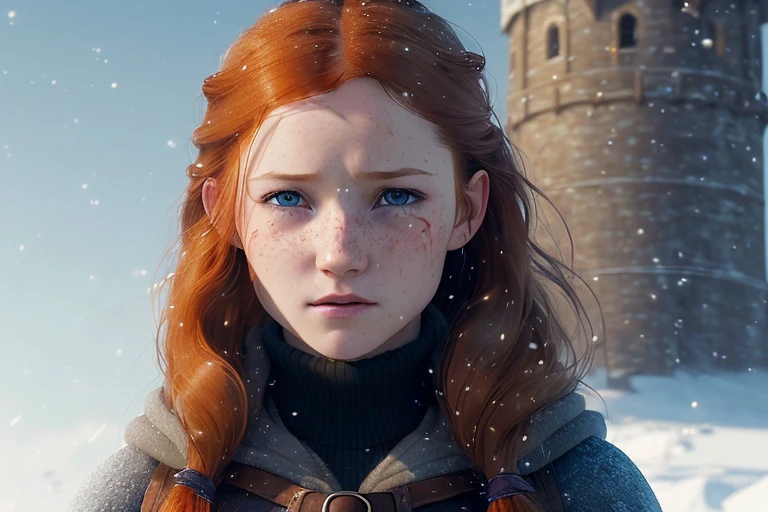 A close up of a person with red hair and a castle in the background ...