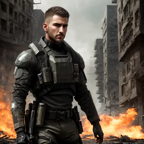 a full body shot, ((candid shot)), special ops, soldier, ((short hair)), call of duty, high end tech, ((detailed face)),  (((man, strong features, determined look, dystopia, scruff, masculine))), (((sharp jawline))), ((facial hair)),  HDR, hyper realistic, wrinkles,  fit body, insanely detailed, complex background, fire, dirty