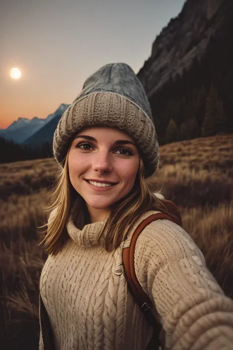 1 woman((upper body selfie, happy)), masterpiece, best quality, ultra-detailed, solo, outdoors, (night), mountains, nature, (stars, moon) cheerful, happy, backpack, sleeping bag, camping stove, water bottle, mountain boots, gloves, sweater, hat, flashlight, forest, rocks, river, wood, smoke, shadows, contrast, clear sky, analog style (look at viewer:1.2) (skin texture) (film grain:1.3), (warm hue, warm tone) :1.2), close up, cinematic light, sidelighting, ultra high res, best shadow, RAW, upper body, wearing pullover