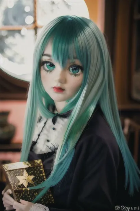 a close up of a doll with long green hair holding a box