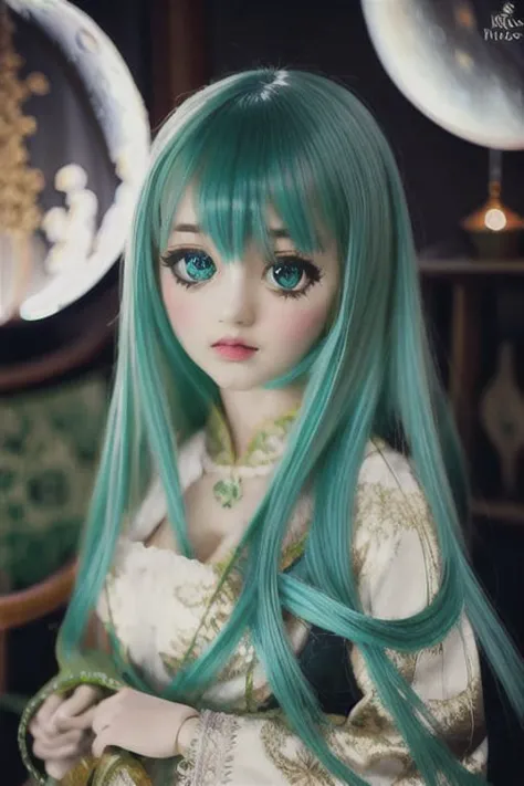 a close up of a doll with long green hair and blue eyes