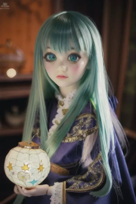 a close up of a doll with long green hair holding a ball