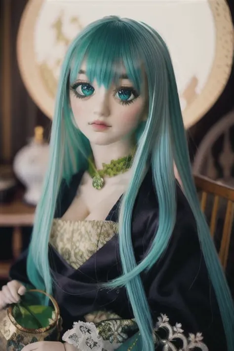 a close up of a doll with long blue hair and a green collar