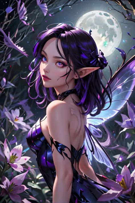 <lora:faeia-edg:1.00>, edgFae, fairy woman wearing edgFae style, fairy wings, night time, enchanted garden, (black purple blue c...