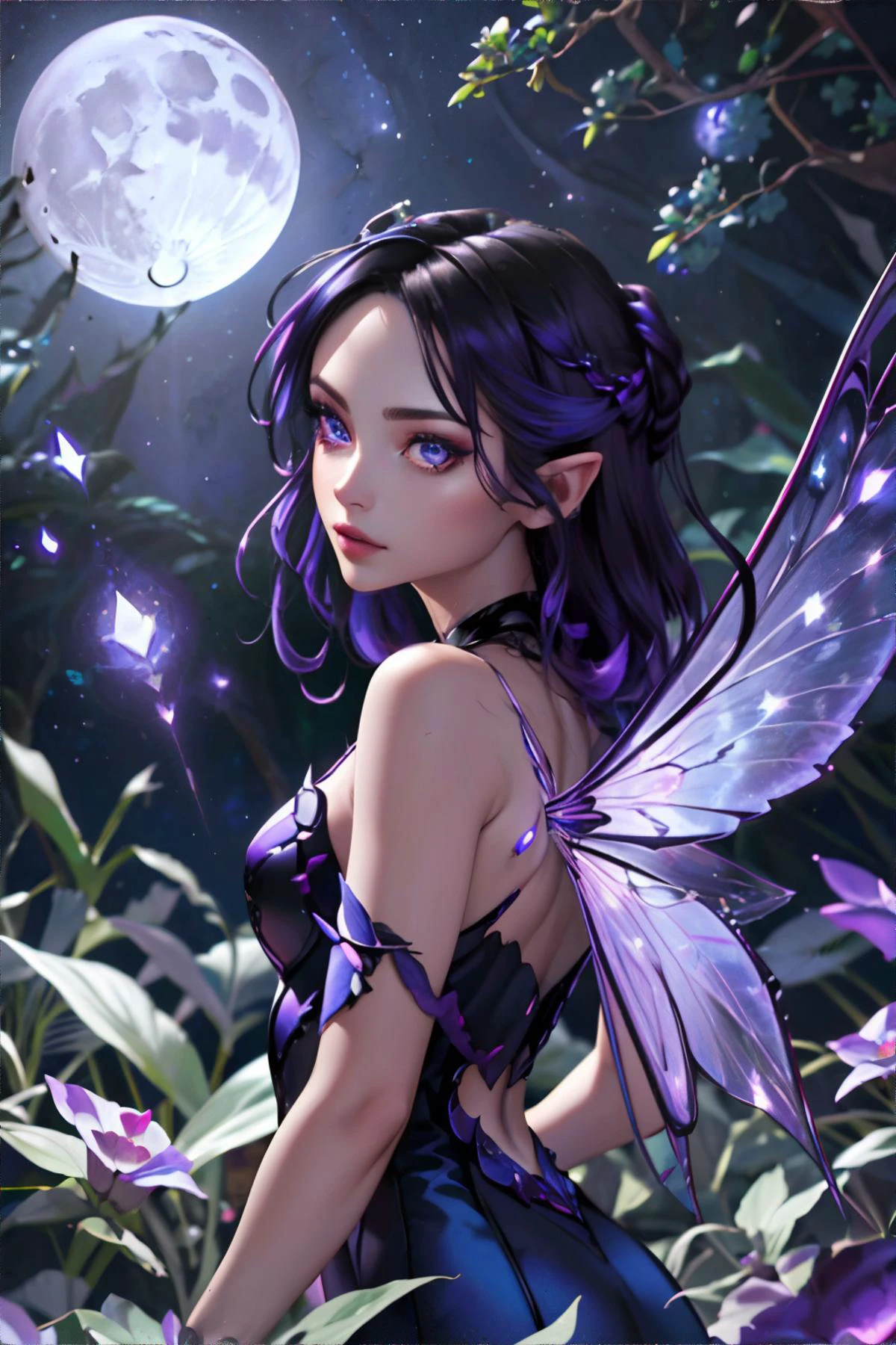 edgFae, fairy woman wearing edgFae style, fairy wings, night time, enchanted garden, (black purple blue color palette), stars, moon, || skin, hair, dress, fairy, masterpiece, 8k, high resolution, shallow depth of field, sharp focus