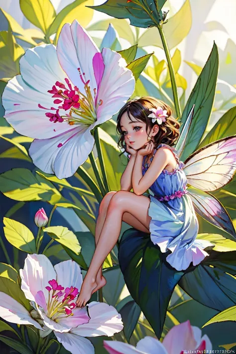 ((Masterpiece, best quality,edgQuality)), 
edgFae,flower fairy, a painting of a little fairy sitting on a flower ,drawn in edgFa...