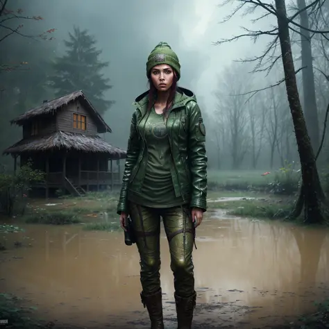 semi-realistic, bochen, guweiz, masterpiece, highres, highly detailed, (Post-apoc, postapoc_character), ((night, close up, dark), flooded, cloudy) swamp, flooded, forest, tree, ((1girl, jacket, hat, beanie, ripped_clothing, scars, muddy, wet, full body), girl walking in swamp, mud, waist high water,) building in distance, looking at viewer, frown<lora:ApocalypseEngine2:0.8>