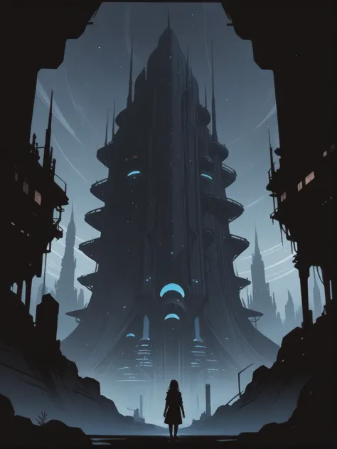 a woman standing in front of a futuristic city with a giant tower