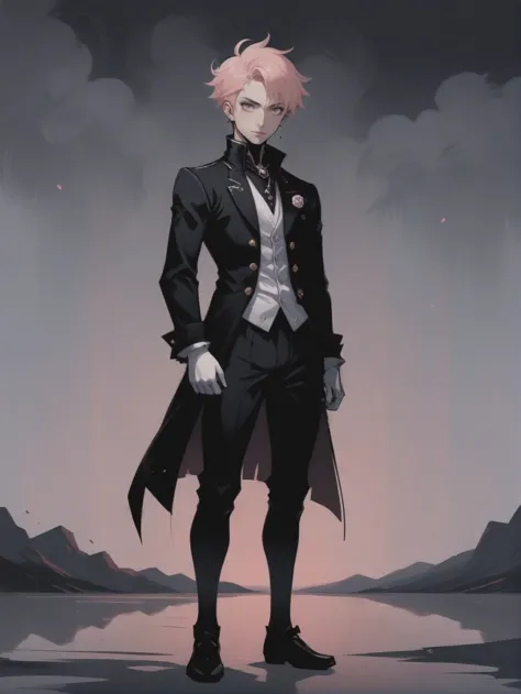 a man in a suit standing on a beach with a pink hair