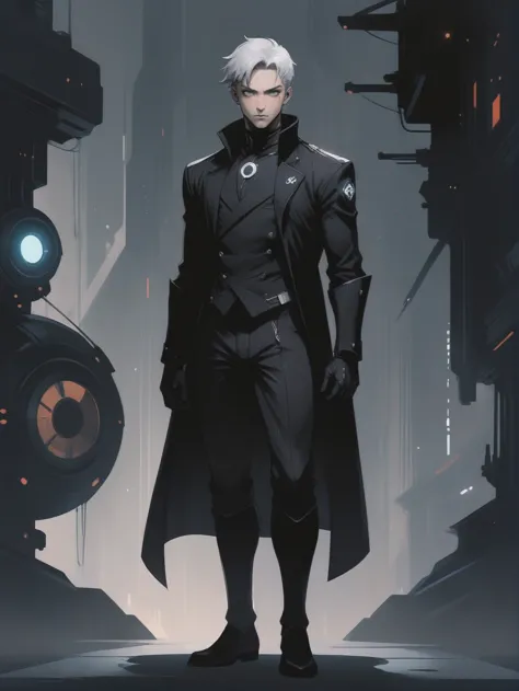 a man in a black coat standing in a dark alley