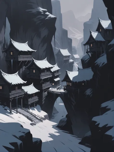 dark anime, 2d cel shaded, negative space, historic fantasy village in a Ice-Covered Canyons<lora:EnvyStarlightDarkAnime01:1>