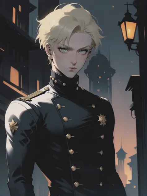 dark anime, 2d cel shaded, negative space, (full body:1.2), 1boy, man, ruggedly handsome, solo, [:formal costume design,:0.2] admiral, albino, lemonchiffon hair, (muscular:1) build, idyllic,beautiful scifi town beyond the beginning of the multiverse<lora:EnvyStarlightDarkAnime01:1>