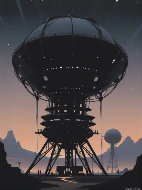 a painting of a futuristic space station with a large dome