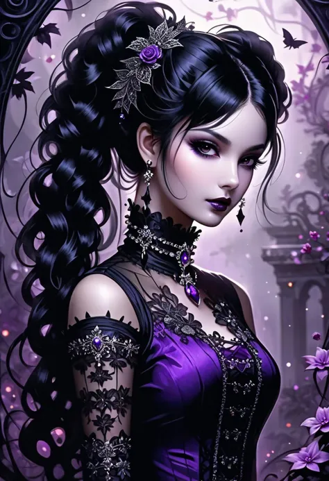 night, beauty, black hair gathered in a high long curly ponytail with an elastic band, volume at the roots, decorated with silver accessories and purple lace ribbons, background flowers and vines, dark gothic, fantasy, surreal, dark botanical, horror, hdr, highly detailed, sharp focus, cinematic, hyper-realistic, M.Irion, hyper-detailed, filigree, intricate fractal patterns, magic force, mysticism.ghostly haze, gloomy light. digital art.