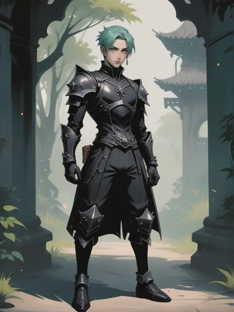 a man in armor standing in front of a forest