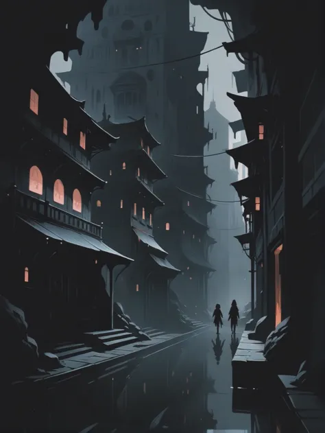 a person walking down a street in a dark city