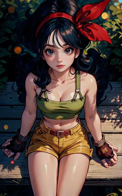 ((masterpiece, best quality)), insaneres, absurdres, solo, looking at viewer,
BlackHair_GoodLaunch_ownwaifu,
1girl, long hair, blue hair, curly hair, hair ribbon, black eyes, medium breasts, red hairband, eyelashes, bangs, 
green shirt,  crop top, midriff, fingerless gloves, cleavage, bare shoulders, navel, short shorts, collarbone, yellow shorts, tank top, belt, brown gloves, 
 outdoors, lens flare, depth of field, bokeh, vanishing point,
(from above, sitting)<lora:ANIME_DragonBall_Launch_ownwaifu:0.9>,