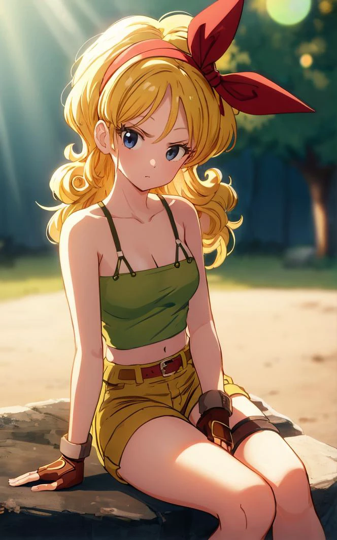 ((masterpiece, best quality)), insaneres, absurdres, solo, looking at viewer,
BlondeHair_BadLaunch_ownwaifu,
1girl, long hair, blonde hair,  curly hair, hair ribbon, blue eyes, medium breasts, red hairband, eyelashes, bangs, 
green shirt,  yellow shorts, crop top, midriff, fingerless gloves, cleavage, bare shoulders, navel, short shorts, collarbone, tank top, belt, brown gloves,  thigh strap, bare legs, 
 outdoors, lens flare, depth of field, bokeh, vanishing point,
(sitting, head tilt)