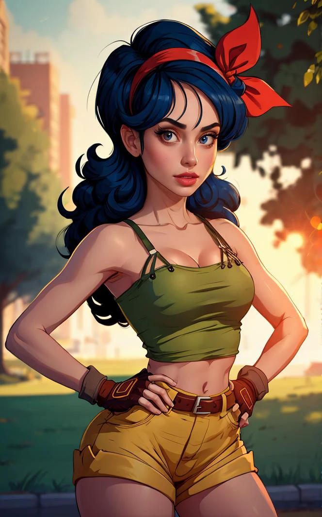 ((masterpiece, best quality)), insaneres, absurdres, solo, looking at viewer,
BlackHair_GoodLaunch_ownwaifu,
1girl, long hair, blue hair, curly hair, hair ribbon, black eyes, medium breasts, red hairband, eyelashes, bangs, 
green shirt,  crop top, midriff, fingerless gloves, cleavage, bare shoulders, navel, short shorts, collarbone, yellow shorts, tank top, belt, brown gloves, 
 outdoors, lens flare, depth of field, bokeh, vanishing point,
(contrapposto, hand on hip)