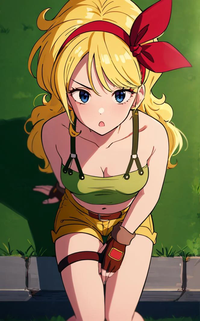 ((masterpiece, best quality)), insaneres, absurdres, solo, looking at viewer,
BlondeHair_BadLaunch_ownwaifu,
1girl, long hair, blonde hair,  curly hair, hair ribbon, blue eyes, medium breasts, red hairband, eyelashes, bangs, 
green shirt,  yellow shorts, crop top, midriff, fingerless gloves, cleavage, bare shoulders, navel, short shorts, collarbone, tank top, belt, brown gloves,  thigh strap, bare legs, 
 outdoors, lens flare, depth of field, bokeh, vanishing point,
(from above, sitting)