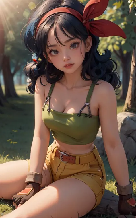 ((masterpiece, best quality)), insaneres, absurdres, solo, looking at viewer,
BlackHair_GoodLaunch_ownwaifu,
1girl, long hair, blue hair, curly hair, hair ribbon, black eyes, medium breasts, red hairband, eyelashes, bangs, 
green shirt,  crop top, midriff, fingerless gloves, cleavage, bare shoulders, navel, short shorts, collarbone, yellow shorts, tank top, belt, brown gloves, 
 outdoors, lens flare, depth of field, bokeh, vanishing point,
(sitting, head tilt)<lora:ANIME_DragonBall_Launch_ownwaifu:1>,