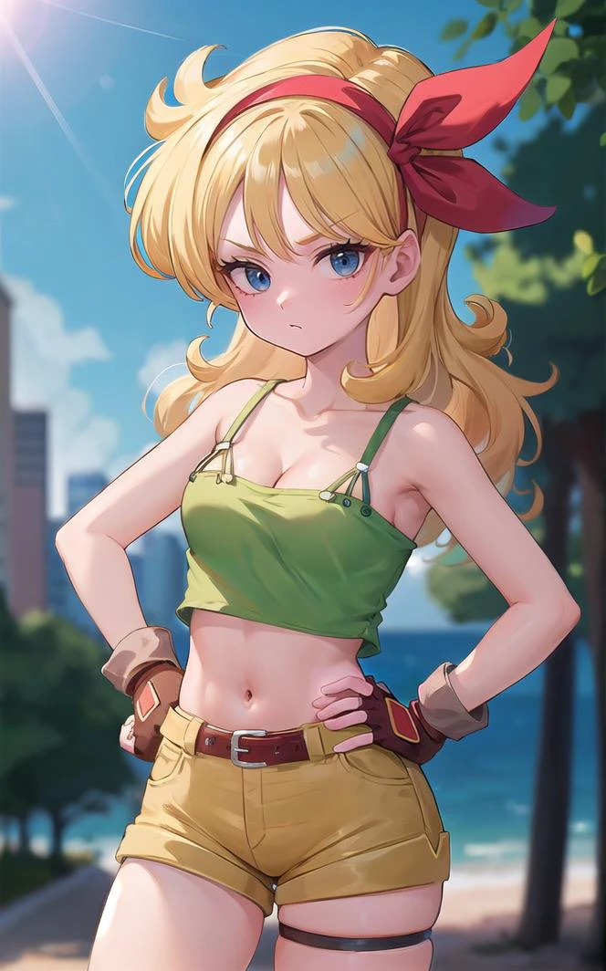 ((masterpiece, best quality)), insaneres, absurdres, solo, looking at viewer,
BlondeHair_BadLaunch_ownwaifu,
1girl, long hair, blonde hair,  curly hair, hair ribbon, blue eyes, medium breasts, red hairband, eyelashes, bangs, 
green shirt,  yellow shorts, crop top, midriff, fingerless gloves, cleavage, bare shoulders, navel, short shorts, collarbone, tank top, belt, brown gloves,  thigh strap, bare legs, 
 outdoors, lens flare, depth of field, bokeh, vanishing point,
(contrapposto, hand on hip)