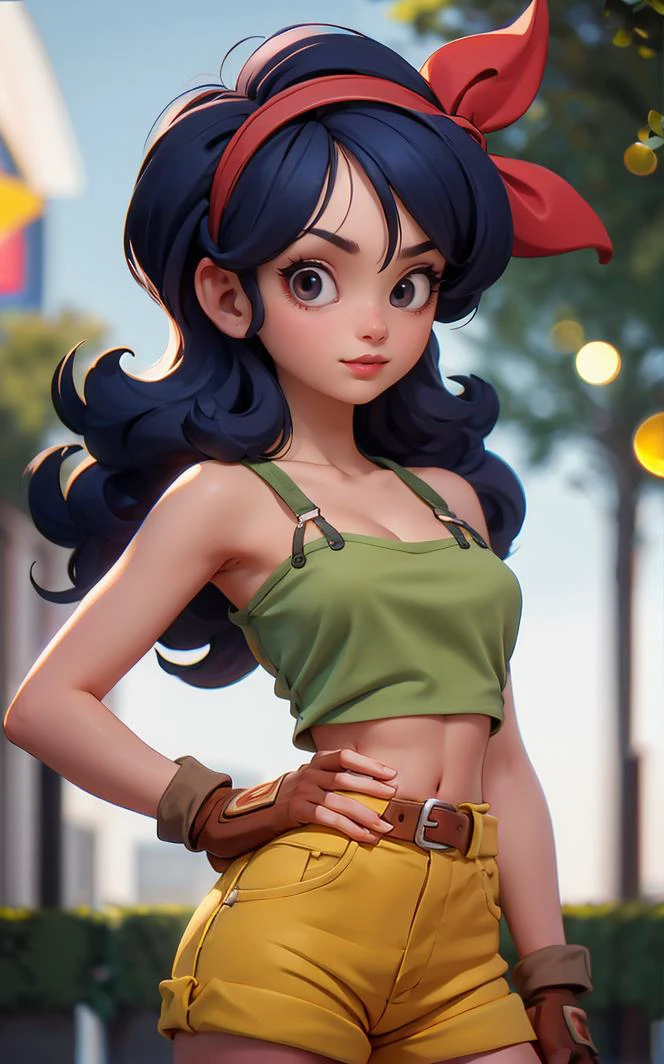 ((masterpiece, best quality)), insaneres, absurdres, solo, looking at viewer,
BlackHair_GoodLaunch_ownwaifu,
1girl, long hair, blue hair, curly hair, hair ribbon, black eyes, medium breasts, red hairband, eyelashes, bangs, 
green shirt,  crop top, midriff, fingerless gloves, cleavage, bare shoulders, navel, short shorts, collarbone, yellow shorts, tank top, belt, brown gloves, 
 outdoors, lens flare, depth of field, bokeh, vanishing point,
(contrapposto, hand on hip)