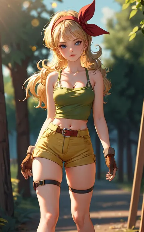 ((masterpiece, best quality)), insaneres, absurdres, solo, looking at viewer,
BlondeHair_BadLaunch_ownwaifu,
1girl, long hair, blonde hair,  curly hair, hair ribbon, blue eyes, medium breasts, red hairband, eyelashes, bangs, 
green shirt,  yellow shorts, crop top, midriff, fingerless gloves, cleavage, bare shoulders, navel, short shorts, collarbone, tank top, belt, brown gloves,  thigh strap, bare legs, 
 outdoors, lens flare, depth of field, bokeh, vanishing point,
(contrapposto, looking back)<lora:ANIME_DragonBall_Launch_ownwaifu:0.75>,