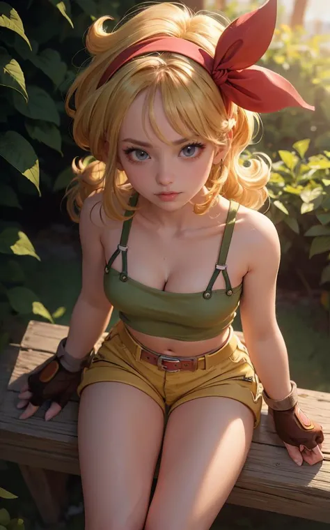 ((masterpiece, best quality)), insaneres, absurdres, solo, looking at viewer,
BlondeHair_BadLaunch_ownwaifu,
1girl, long hair, blonde hair,  curly hair, hair ribbon, blue eyes, medium breasts, red hairband, eyelashes, bangs, 
green shirt,  yellow shorts, crop top, midriff, fingerless gloves, cleavage, bare shoulders, navel, short shorts, collarbone, tank top, belt, brown gloves,  thigh strap, bare legs, 
 outdoors, lens flare, depth of field, bokeh, vanishing point,
(from above, sitting)<lora:ANIME_DragonBall_Launch_ownwaifu:0.9>,