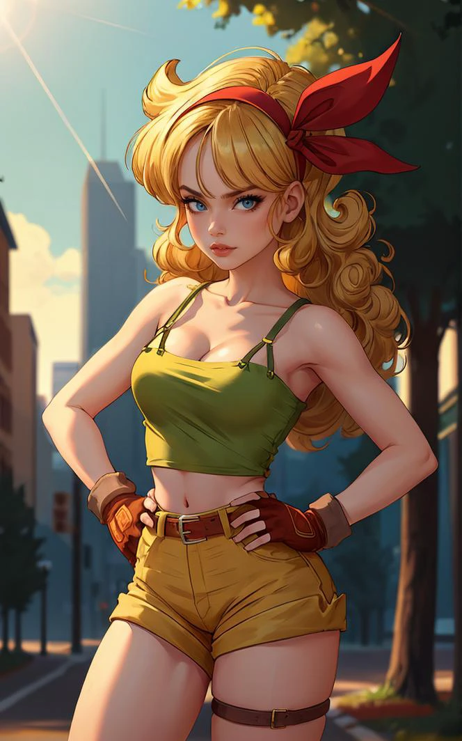 ((masterpiece, best quality)), insaneres, absurdres, solo, looking at viewer,
BlondeHair_BadLaunch_ownwaifu,
1girl, long hair, blonde hair,  curly hair, hair ribbon, blue eyes, medium breasts, red hairband, eyelashes, bangs, 
green shirt,  yellow shorts, crop top, midriff, fingerless gloves, cleavage, bare shoulders, navel, short shorts, collarbone, tank top, belt, brown gloves,  thigh strap, bare legs, 
 outdoors, lens flare, depth of field, bokeh, vanishing point,
(contrapposto, hand on hip)