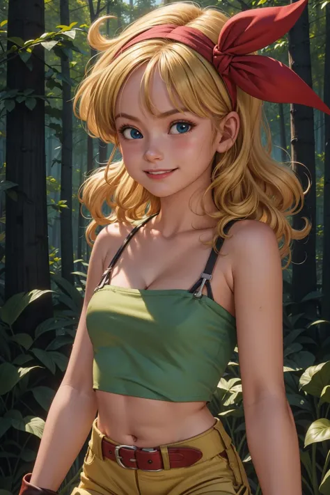 BlondeHair_BadLaunch_ownwaifu, 1girl, long hair, blonde hair,  curly hair, hair ribbon, blue eyes, medium breasts, red hairband, eyelashes, bangs, 
green shirt,  yellow shorts, crop top, midriff, fingerless gloves, cleavage, bare shoulders, navel, short shorts, collarbone, tank top, belt, brown gloves,
evil smile, upper body,
forest,outdoor,
(insanely detailed, beautiful detailed face, masterpiece, best quality) cinematic lighting,