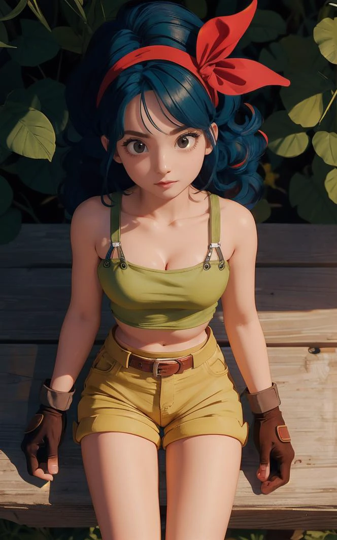 ((masterpiece, best quality)), insaneres, absurdres, solo, looking at viewer,
BlackHair_GoodLaunch_ownwaifu,
1girl, long hair, blue hair, curly hair, hair ribbon, black eyes, medium breasts, red hairband, eyelashes, bangs, 
green shirt,  crop top, midriff, fingerless gloves, cleavage, bare shoulders, navel, short shorts, collarbone, yellow shorts, tank top, belt, brown gloves, 
 outdoors, lens flare, depth of field, bokeh, vanishing point,
(from above, sitting)
