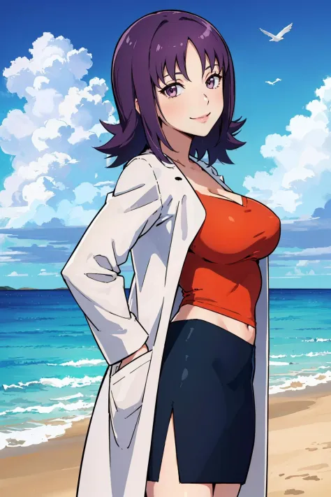 masterpiece, best quality,  <lora:profivy-nvwls-v1-000009:0.9> profivy, purple hair, labcoat, orange shirt, pencil skirt, looking at viewer, large breasts, cowboy shot, outdoors, looking at viewer, sky, clouds, ocean, from side, smile, squinting