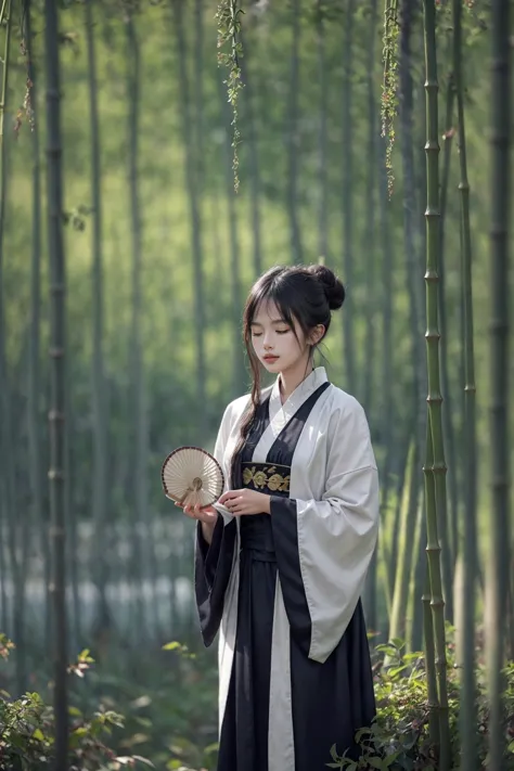 (RAW photo, best quality), (realistic, photo-realistic:1.3), extremely delicate and beautiful, Amazing, finely detail, masterpiece, ultra-detailed, highres,(best illustration), (best shadow),intricate,depth of filed,
On a summer afternoon, a lovely female Taoist priest wearing thick black and white see through robe, hair bun,stands amidst a lush green bamboo grove. She wears a cool Taoist robe and holds a jade fan in her hand. The gentle breeze rustles the bamboo leaves, creating a soothing sound. She closes her eyes, immersing herself in harmony with nature,(blurry background:1.4),
sharp focus, volumetric fog, 8k UHD, DSLR, high quality, (film grain:1.4), Fujifilm XT3,