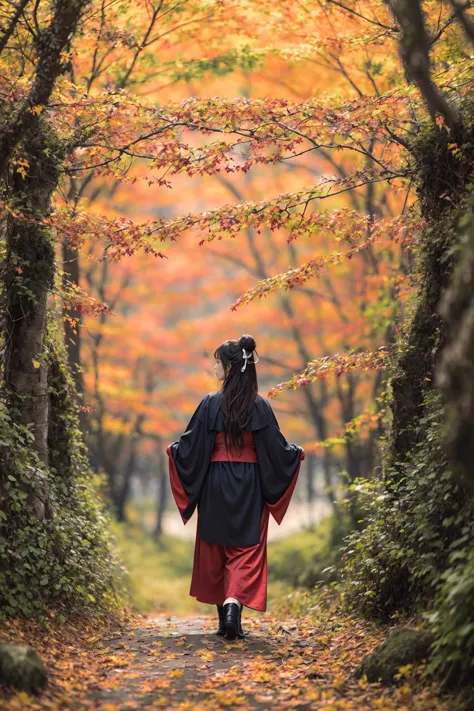 a woman in a kimono walking down a path in the woods