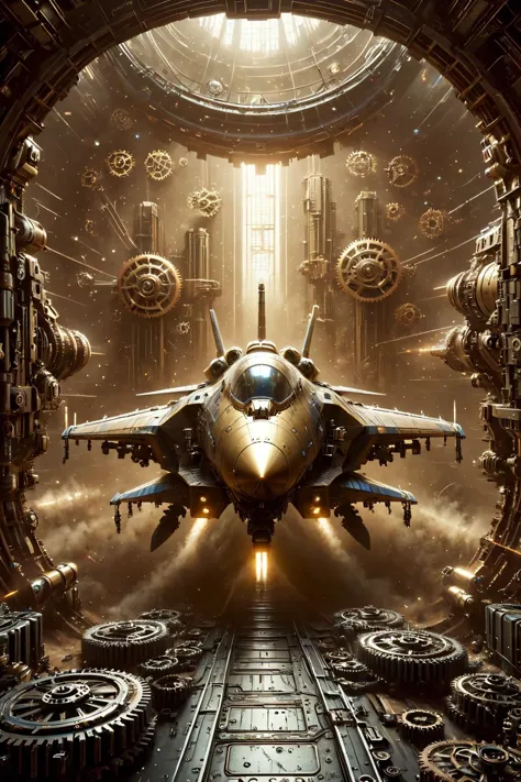 a close up of a jet flying through a tunnel with gears