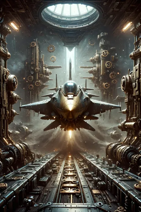 a close up of a jet flying through a space filled with machines