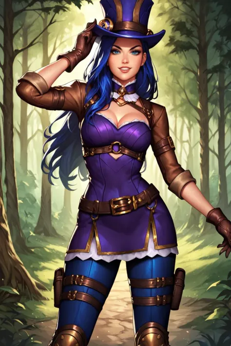 a woman in a purple top hat and blue hair is standing in the woods