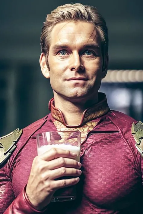 a man in a red shirt holding a glass of milk