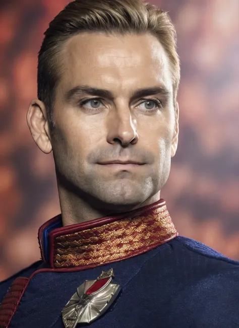 a close up of a man in a uniform with a medal on his neck