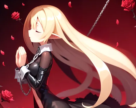 <lyco:<lyco:Disgaea-NAI-LyCORIS:0.8>
 1girl, solo, facing viewer,  praying, very long blonde hair, pointy ears, taut black dress, side_slit, cuffs, metal_collar, chains, closed eyes, facing viewer, red background, thorns, rose petals