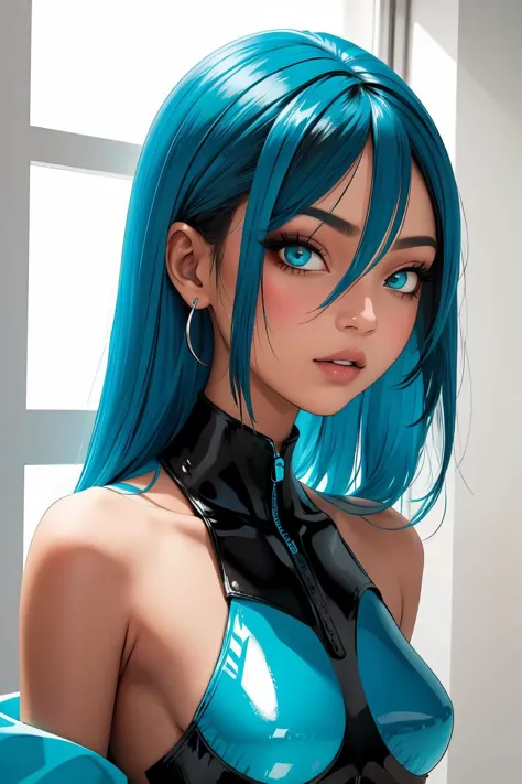 (masterpiece, best quality), 1girl, Turquoise blue Sleek Side Part, big breasts,  <lora:kanimura_ebio_style_v01:0.8>