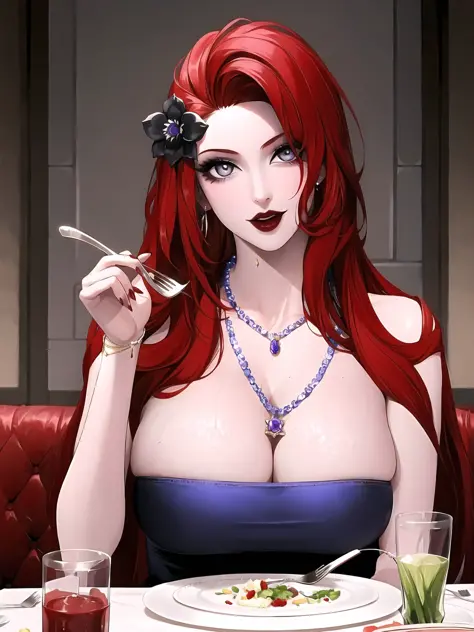1girl, knife, red hair, fork, long hair, solo, holding knife, jewelry, dress, necklace, cleavage, hair ornament, flower, holding fork, holding, pearl necklace, looking at viewer, food, table, large breasts, red nails, gem, hair flower, purple dress, grey e...
